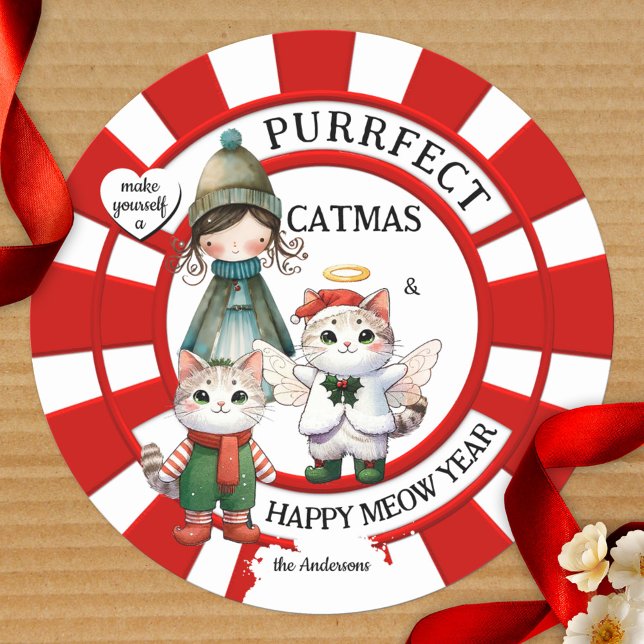 Sticker Rond Funny Cats Crazy Cat Lady Cute Christmas (Colorful Christmas sticker featuring illustrations of a cute cat angel, kitty and crazy cat lady)