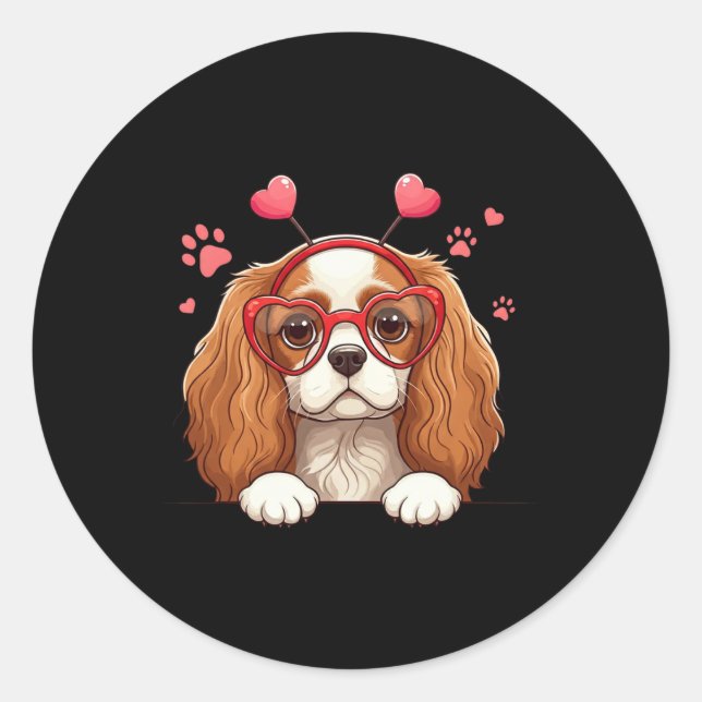 Sticker Rond Funny Cavalier King Charles Spaniel Heart Headnd V (Devant)
