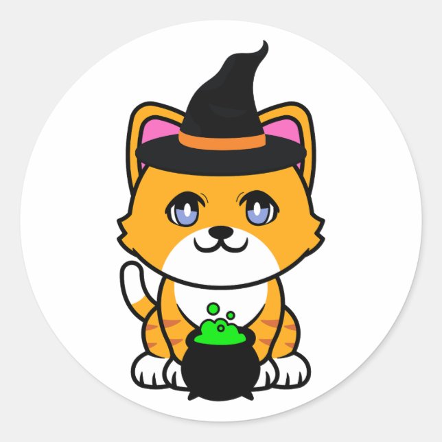 Sticker Rond Funny chat orange est une sorcière (Devant)