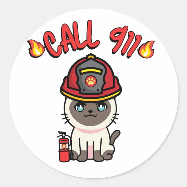 Sticker Rond Funny chat siamois est un pompier (Devant)