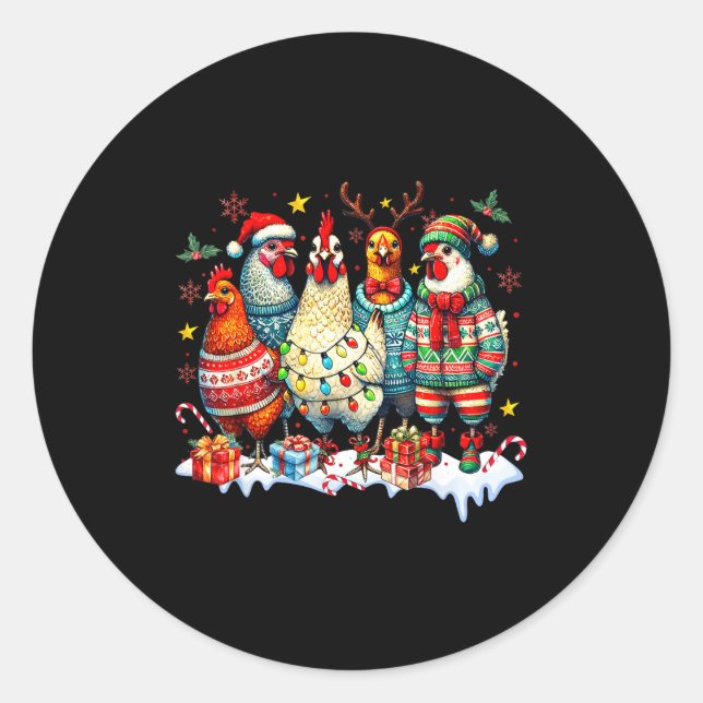 Sticker Rond Funny Chicken Christmas Lights Farm Animal Cute Xm (Devant)
