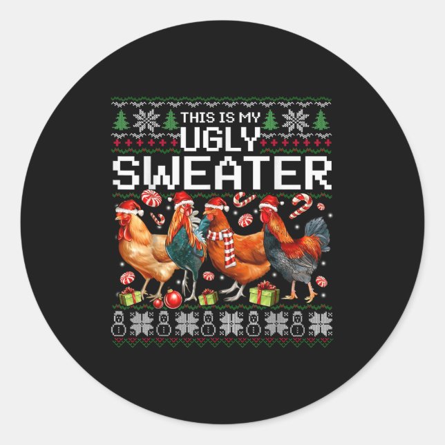 Sticker Rond Funny Chicken Ugly Christmas Sweater Holiday Desig (Devant)