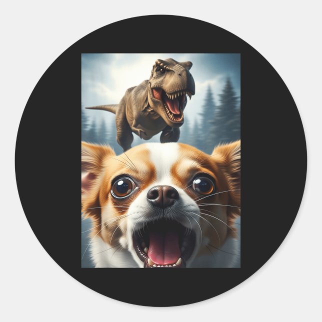 Sticker Rond Funny Chihuahua Dog Selfie With T-rex Women Men Ki (Devant)