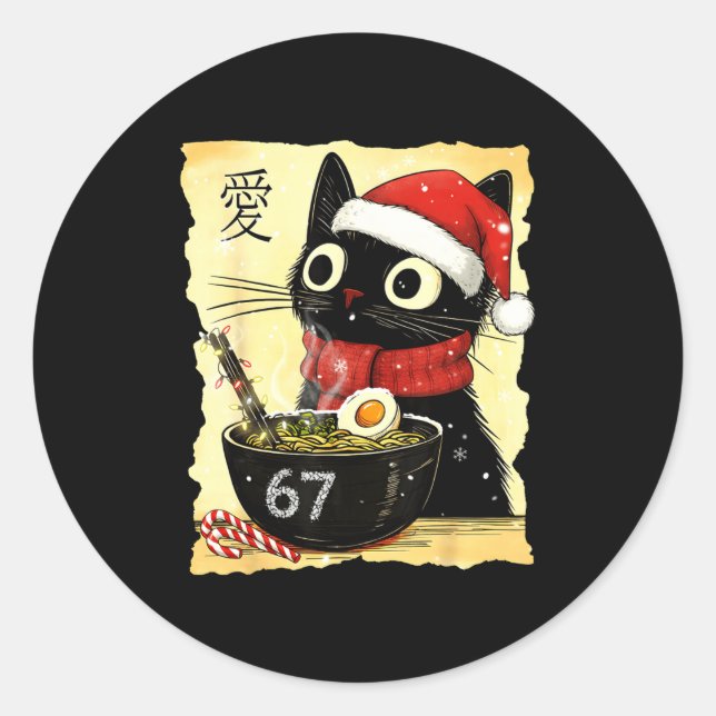 Sticker Rond Funny Christmas 67 Six Seven Cat Ramen Japanese Ka (Devant)