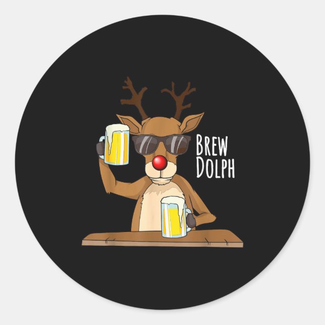 Sticker Rond Funny Christmas Alcohol Shirt. Brew Dolph Beer Dri (Devant)