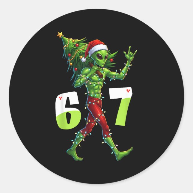 Sticker Rond Funny Christmas Alien Six Seven Meme 67 Santa Hat  (Devant)