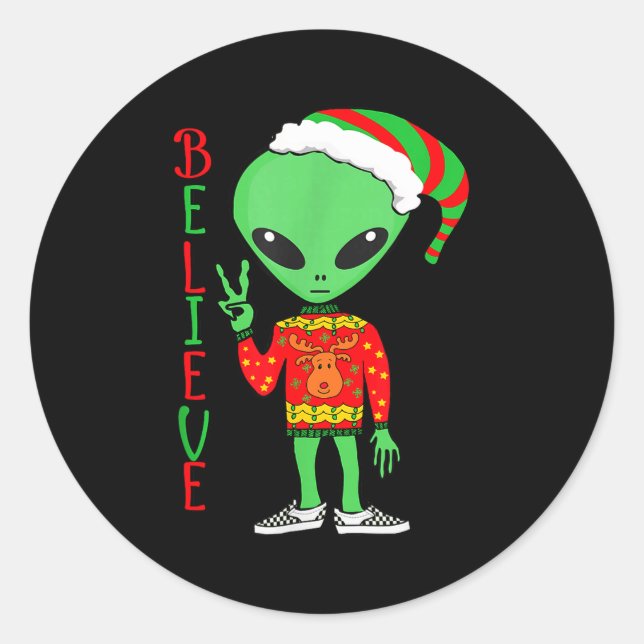 Sticker Rond Funny Christmas Alien Ugly Sweater I Believe Santa (Devant)