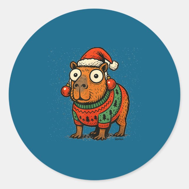 Sticker Rond Funny Christmas Capybara With Santa Hat &amp; Swea (Devant)