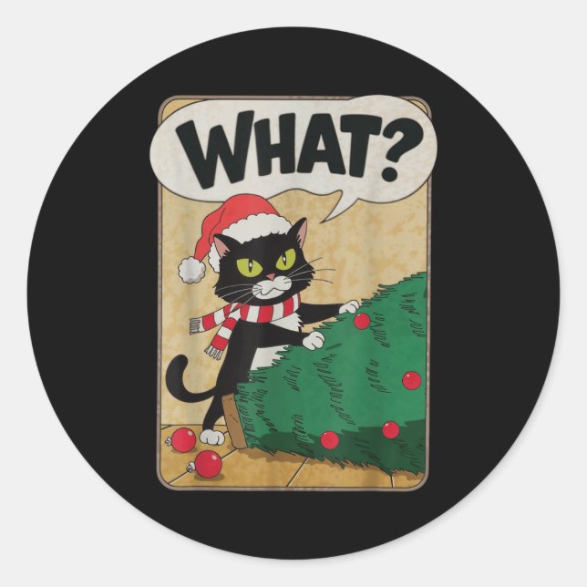Sticker Rond Funny Christmas Cat Christmas Tree Meowy Christmas (Devant)