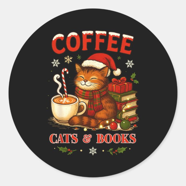 Sticker Rond Funny Christmas Cute Coffee Cats Books Lover Women (Devant)