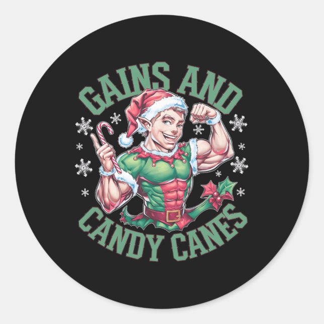 Sticker Rond Funny Christmas Elf Gym Workout Gains And Candy Ca (Devant)