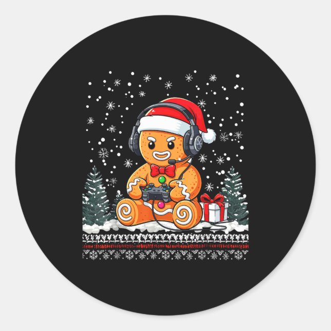 Sticker Rond Funny Christmas Gamer Gingerbread Xmas Gaming Men  (Devant)