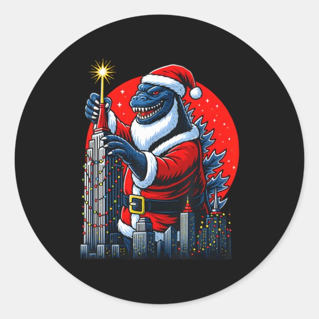 Sticker Rond Funny Christmas Monster Santazilla Holiday Dinosau (Devant)