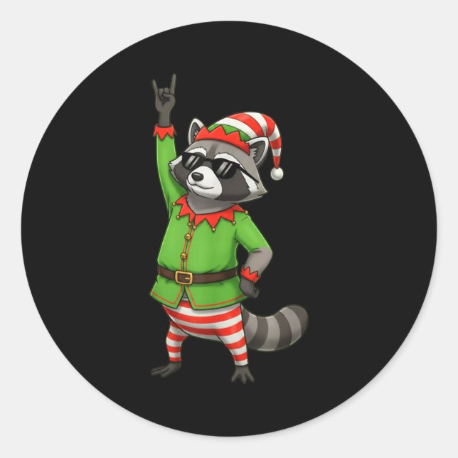 Sticker Rond Funny Christmas Raccoon Dressed As Elf With Sungle (Devant)