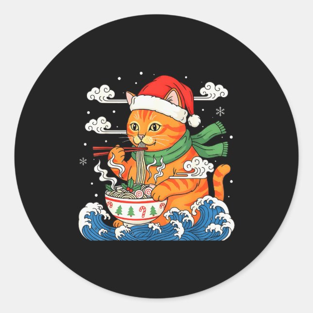 Sticker Rond Funny Christmas Ramen Cat Eating Noodles Japanese  (Devant)