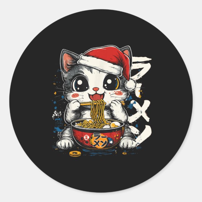 Sticker Rond Funny Christmas Santa Cat Ramen Japanese Kawaii An (Devant)