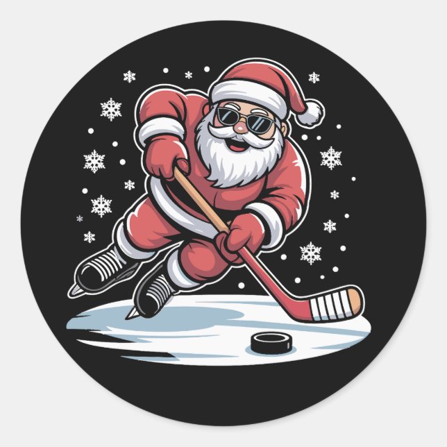 Sticker Rond Funny Christmas Santa Playing Ice Hockey Xmas  (Devant)