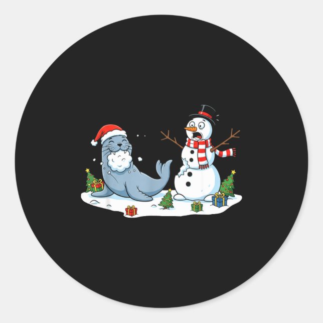 Sticker Rond Funny Christmas Snowman Sea Lion Xmas Mens Womens  (Devant)