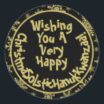 Sticker Rond Funny Christmas Solstice Hanoukka Kwanzaa Black<br><div class="desc">Ces stickers amusants sont parfaits pour ajouter un peu d'humour à vos mailings ou cadeaux de vacances. La légende dit : Je vous souhaite une très heureuse ChristmaSolsticHanukKwanzaa! - les mots Noël, Solstice, Hanoukka & Kwanzaa tous écrasés ensemble. Un rebondissement décalé sur le politiquement correct qui semble avoir pris le...</div>