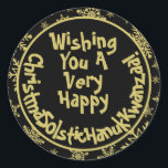 Sticker Rond Funny Christmas Solstice Hanoukka Kwanzaa Black<br><div class="desc">Ces stickers amusants sont parfaits pour ajouter un peu d'humour à vos mailings ou cadeaux de vacances. La légende dit : Je vous souhaite une très heureuse ChristmaSolsticHanukKwanzaa! - les mots Noël, Solstice, Hanoukka & Kwanzaa tous écrasés ensemble. Un rebondissement décalé sur le politiquement correct qui semble avoir pris le...</div>