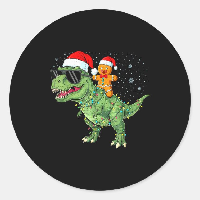 Sticker Rond Funny Christmas T Rex Dinosaur Gingerbread Lights  (Devant)
