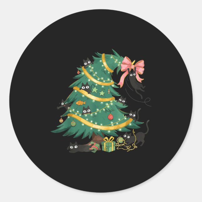 Sticker Rond Funny Christmas Tree Cute Black Cat Matching Famil (Devant)