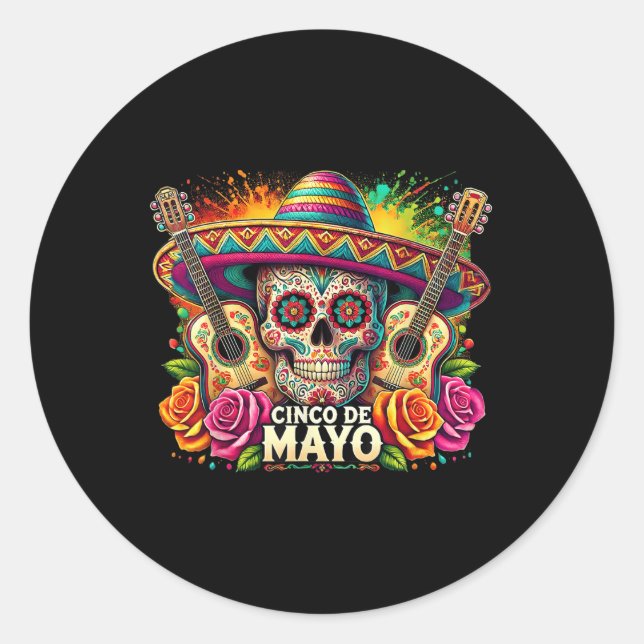 Sticker Rond Funny Cinco De Mayo Skeleton Skull Fiesta Sombrero (Devant)