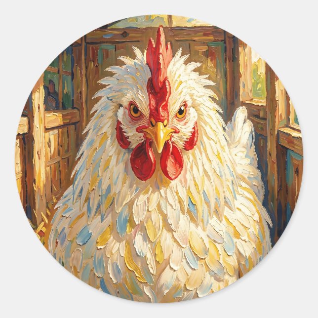 Sticker Rond Funny Close Up of Impasto Chicken that looks Mad (Devant)
