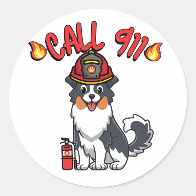 Sticker Rond Funny Collie chien est pompier (Devant)