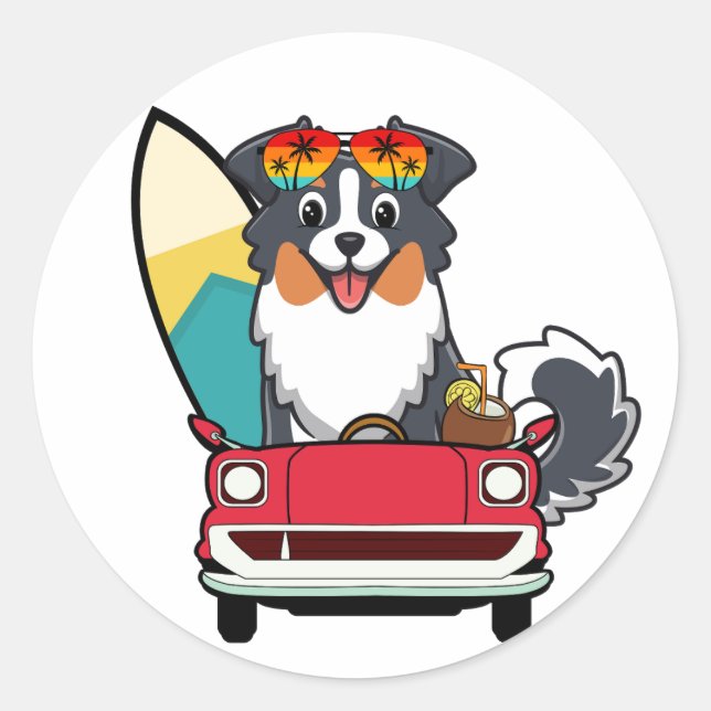 Sticker Rond Funny Collie Dog conduit à la plage (Devant)