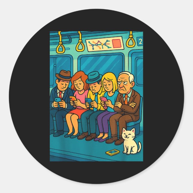 Sticker Rond Funny Commuter Train Digital Detox Tech Satire Gif (Devant)