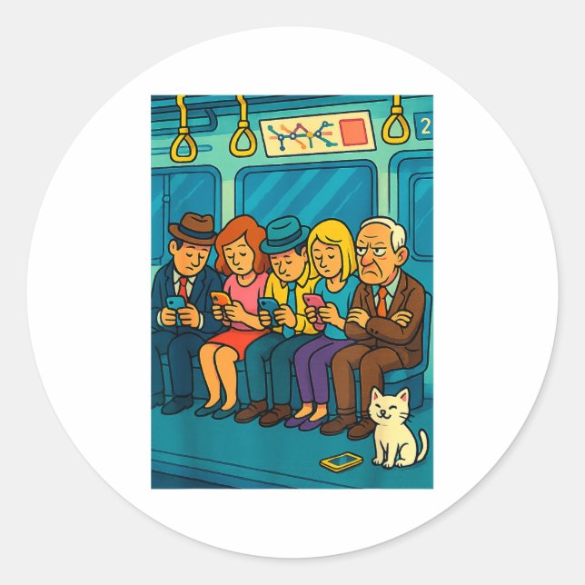 Sticker Rond Funny Commuter Train Digital Detox Tech Satire Gif (Devant)