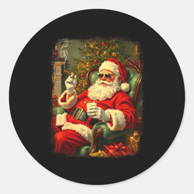 Sticker Rond Funny Cool Sungles Cigar And Milk Santa Christmas  (Devant)