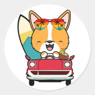 Sticker Rond Funny Corgi Dog conduit à la plage