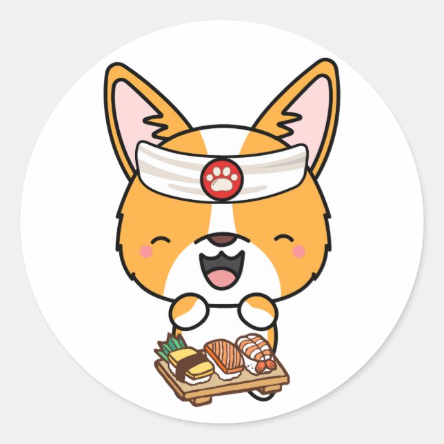 Sticker Rond Funny corgi dog est un chef sushi (Devant)