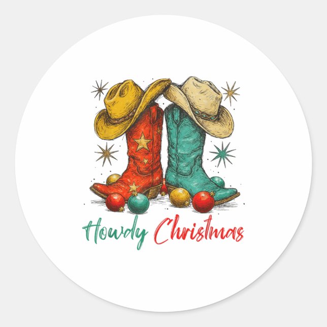 Sticker Rond Funny Country Western Christmas Howdy Cowboy Boots (Devant)