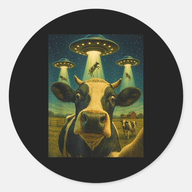 Sticker Rond Funny Cow Farm Alien Selfie Ufo Zoo Boys Girls Kid (Devant)