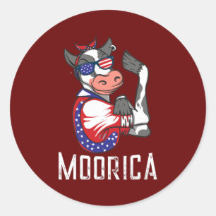 Sticker Rond Funny Cow Moorica USA 4 juillet Patriotique