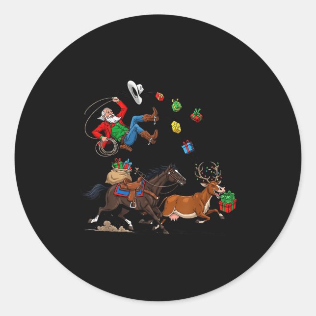 Sticker Rond Funny Cowboy Santa Christmas Holiday Western Style (Devant)
