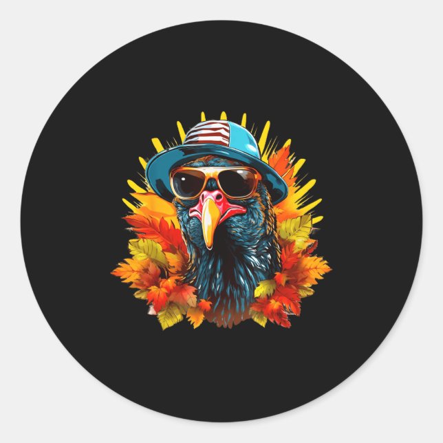 Sticker Rond Funny Cute Autumn Thanksgiving Turkey Christmas Au (Devant)