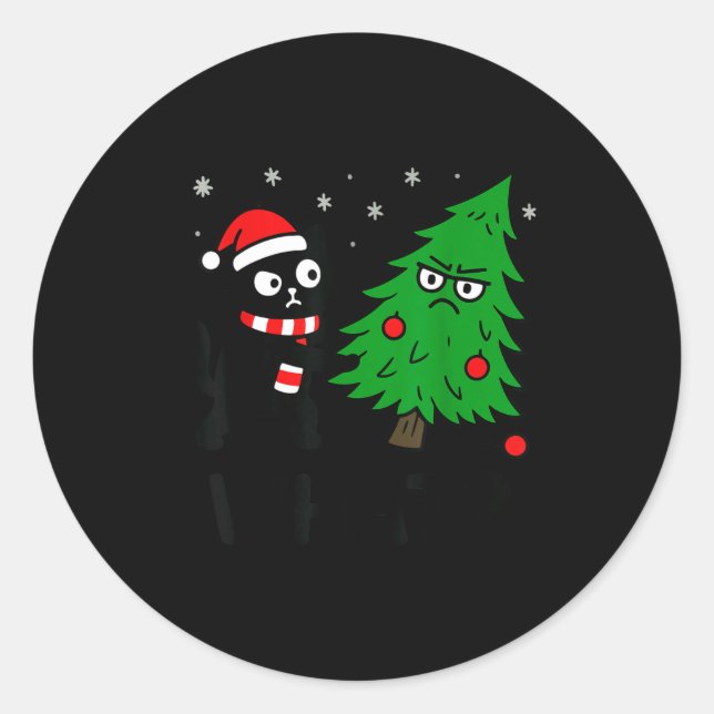 Sticker Rond Funny Cute Black Cat What Jamas Christmas Tree Cos (Devant)