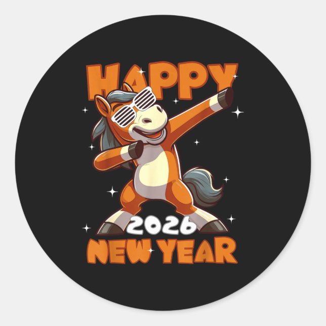 Sticker Rond Funny Dabbing Horse Happy Lunar New Year 2026 Year (Devant)
