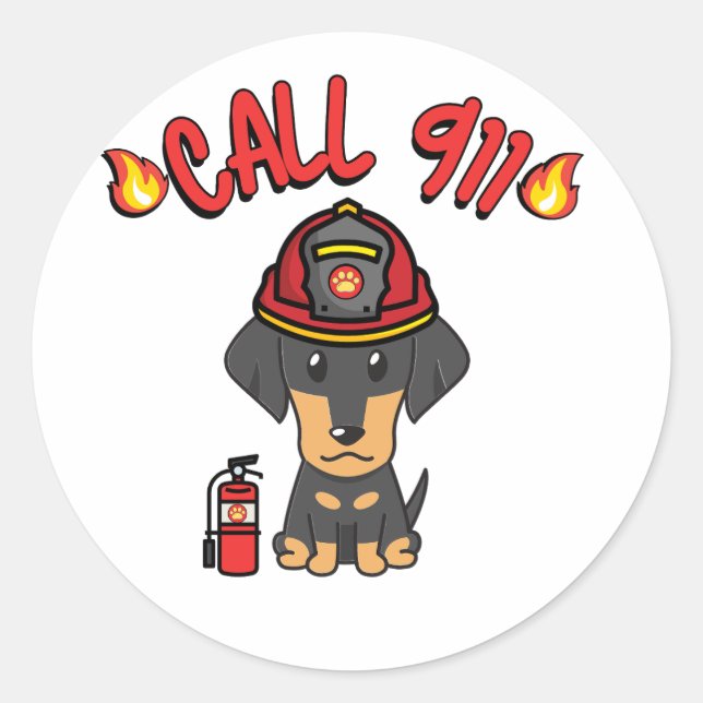 Sticker Rond Funny Dachshund chien est pompier (Devant)