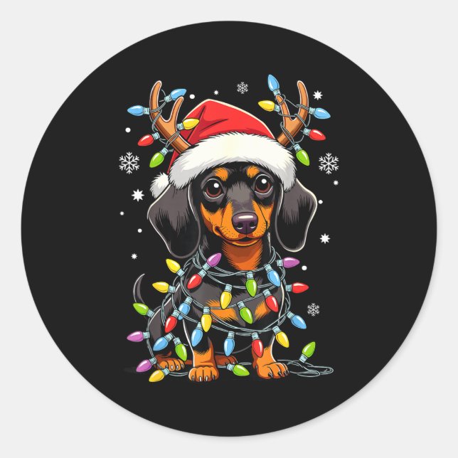 Sticker Rond Funny Dachshund Christmas Lights Santa Hat Xmas  (Devant)
