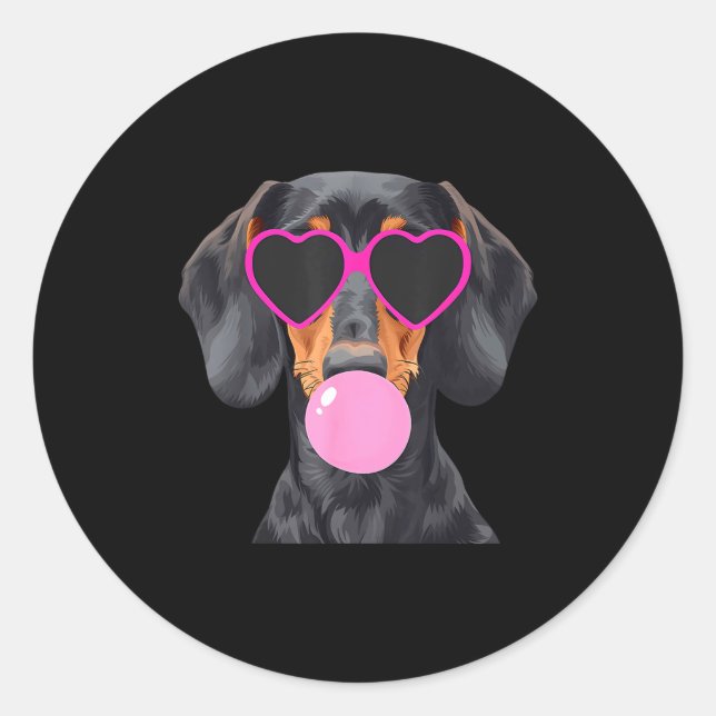 Sticker Rond Funny Dachshund Wearing Gles And Blowing Nk Bubble (Devant)
