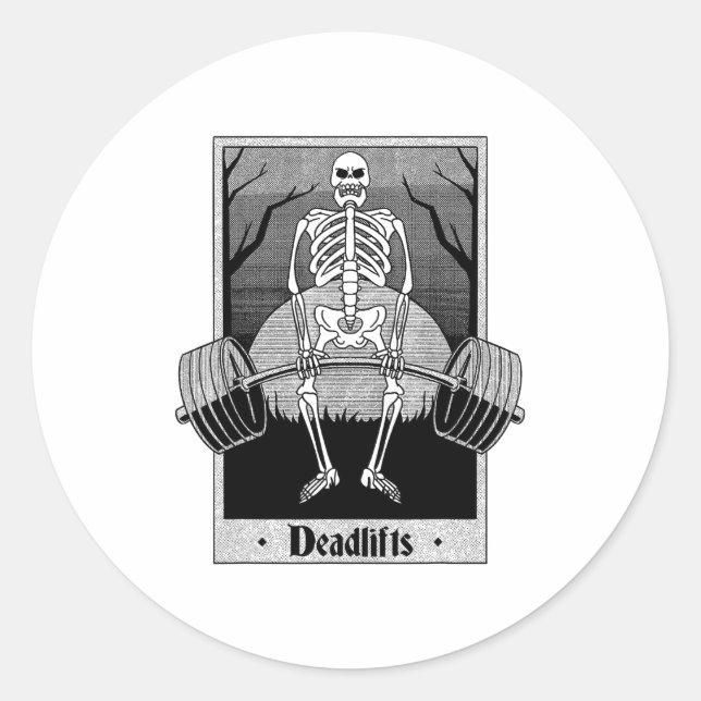 Sticker Rond Funny Deadlifts Weightlifter Skeleton Halloween Gy (Devant)