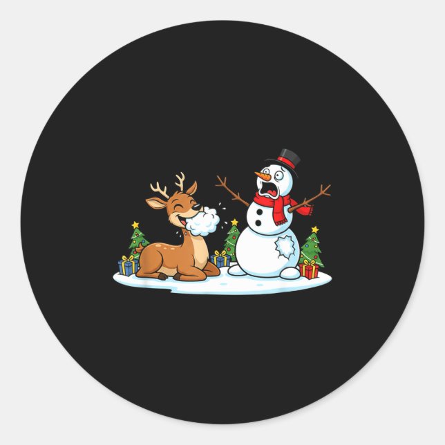 Sticker Rond Funny Deer Snowman Christmas Tree Xmas Womens Mens (Devant)