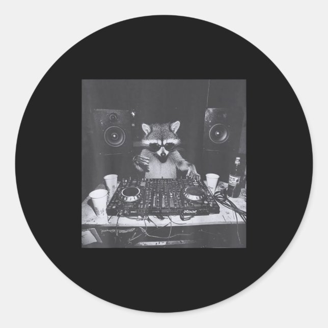 Sticker Rond Funny Dj Raccoon House Party Sound Tech Music Tras (Devant)