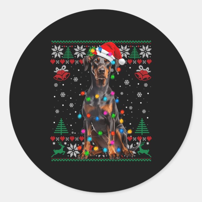 Sticker Rond Funny Doberman Christmas Santa Hat Dog Ugly Sweate (Devant)