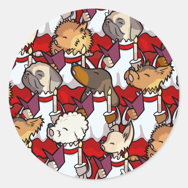 Sticker Rond Funny Dog Choir Christmas Carol Singers Cartoon (Devant)